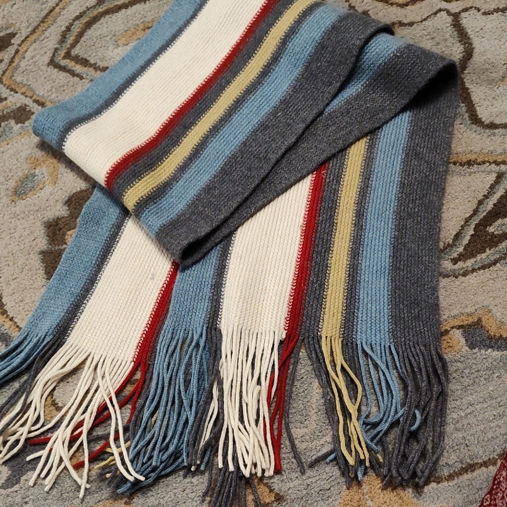 Striped Fringe Knit Scarf in Light Blue, Cream & Gray